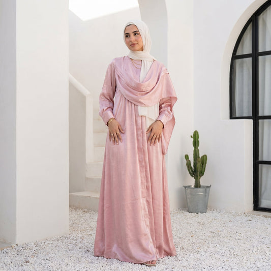 Satin Dress with Integrated Hijab full view | عرض كامل لـفستان ساتان بحجاب مدمج – view 2 | لقطة 2