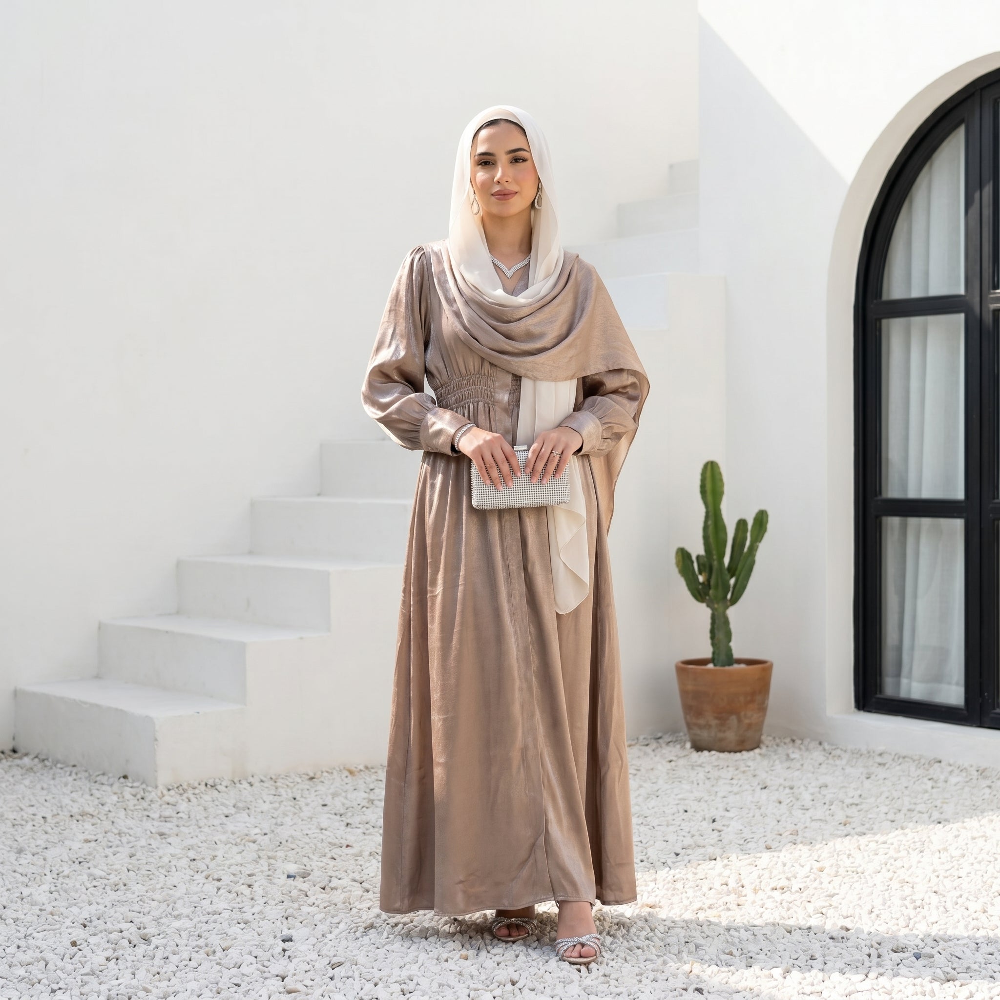 Satin Dress with Integrated Hijab full view | عرض كامل لـفستان ساتان بحجاب مدمج – view 7 | لقطة 7