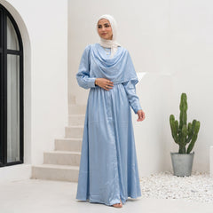 Satin Dress with Integrated Hijab full view | عرض كامل لـفستان ساتان بحجاب مدمج – view 3 | لقطة 3