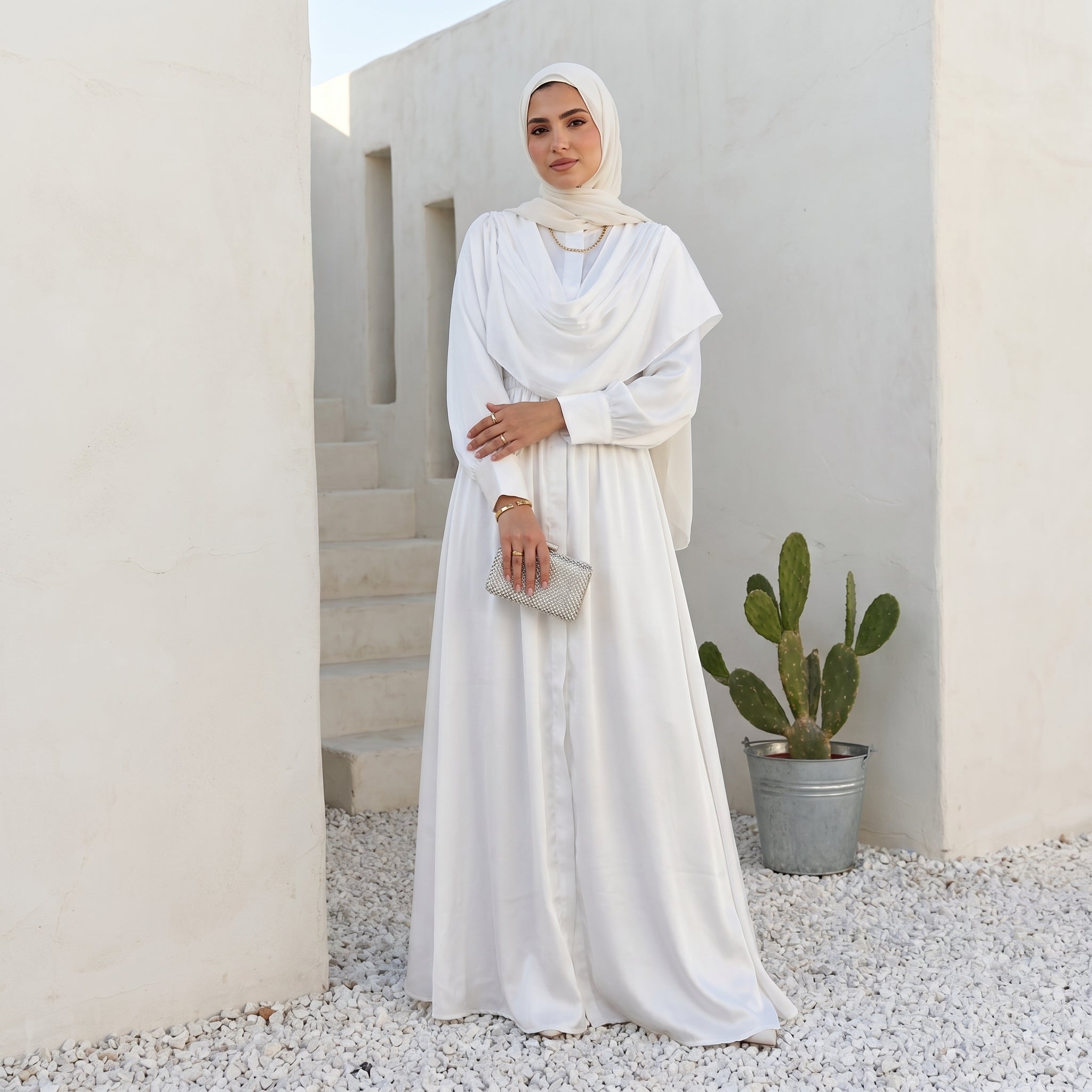 Satin Dress with Integrated Hijab full view | عرض كامل لـفستان ساتان بحجاب مدمج – view 4 | لقطة 4