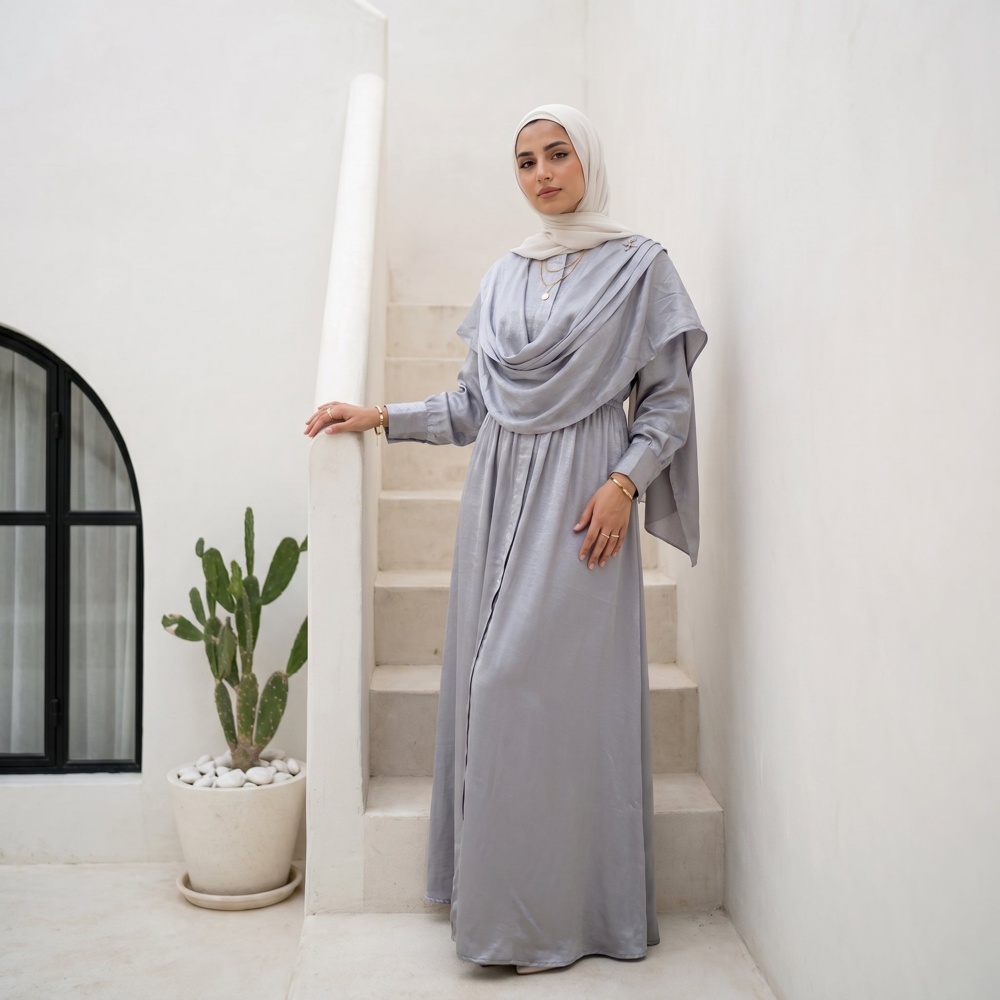 Satin Dress with Integrated Hijab full view | عرض كامل لـفستان ساتان بحجاب مدمج – view 5 | لقطة 5