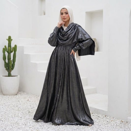 Satin Dress with Integrated Hijab full view | عرض كامل لـفستان ساتان بحجاب مدمج – view 1 | لقطة 1