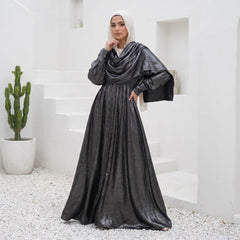Satin Dress with Integrated Hijab full view | عرض كامل لـفستان ساتان بحجاب مدمج – view 1 | لقطة 1