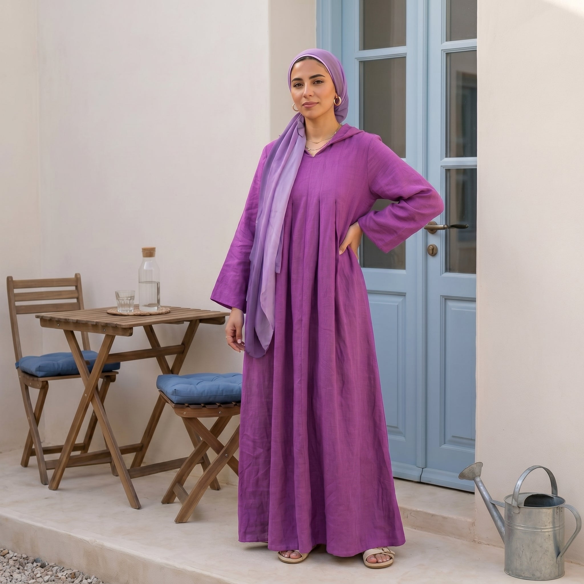 Linen Hooded Dress with Pockets full view | عرض كامل لـفستان كتان بغطاء رأس وجيوب – view 4 | لقطة 4