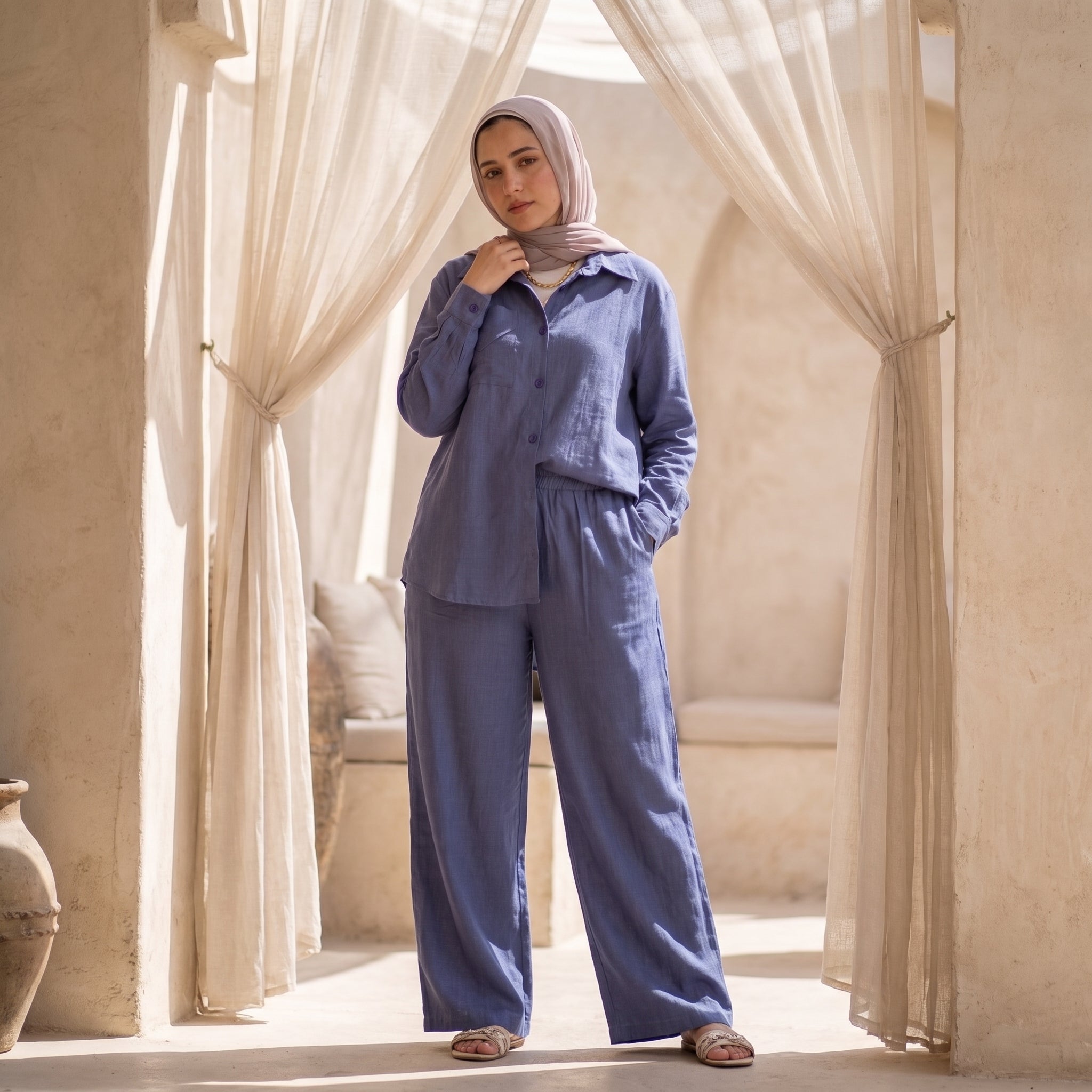 Classic Linen Two-Piece Suit full view | عرض كامل لـطقم كتان كلاسيكي قطعتان – view 2 | لقطة 2